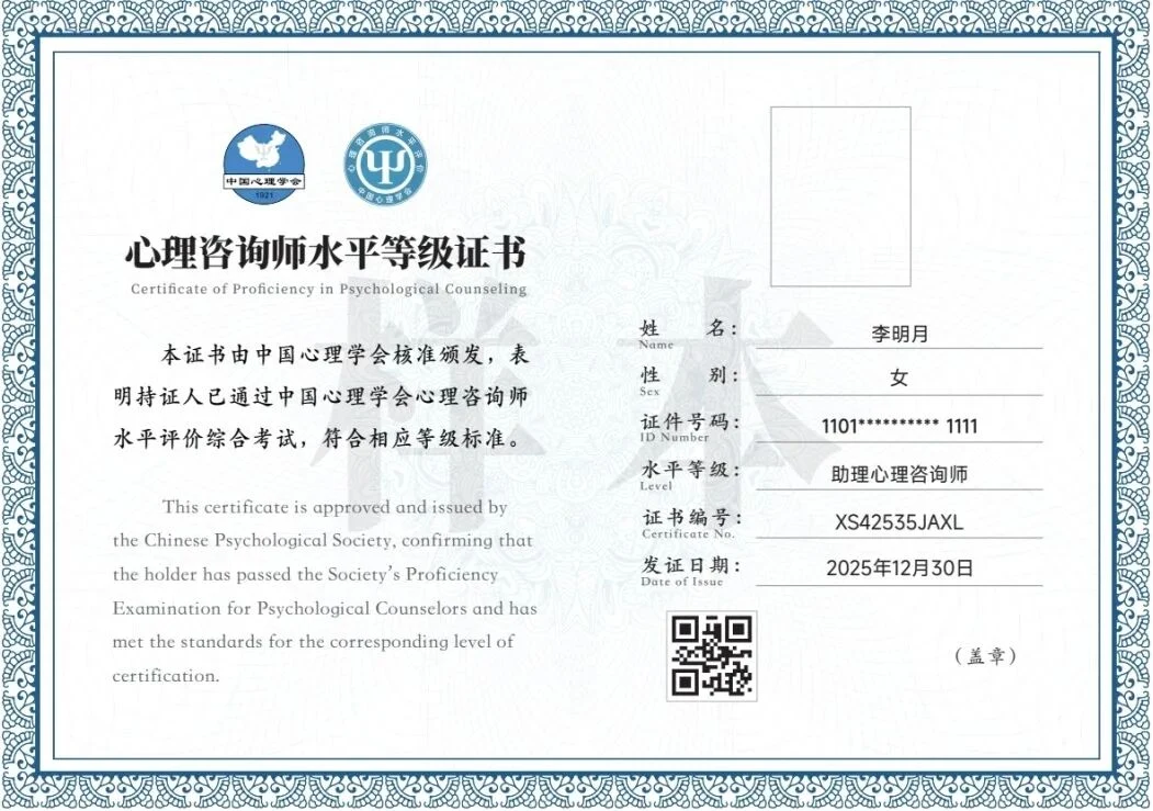 心理咨询师水平等级证书示例(原文配图)